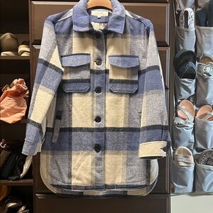 Classic Plaid Button-Up Jacket Coat - Blue & Cream